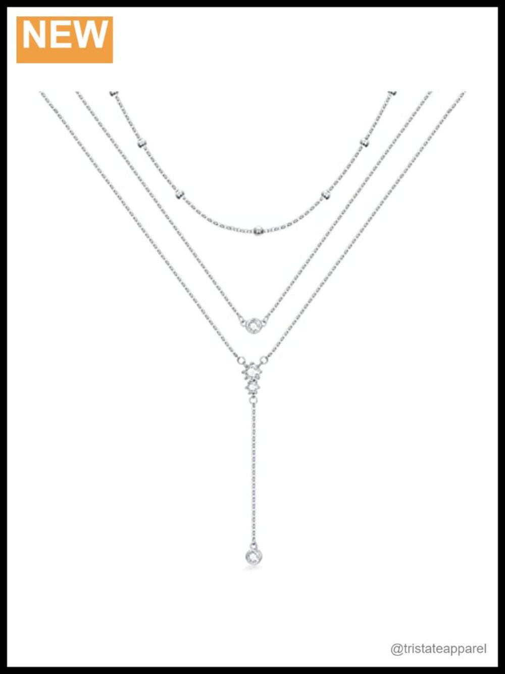 Sterling Silver Boho Layered Necklace Triple Stacked Bar Triangle Zircon